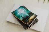 A book titled 'The Gifts of the Spirit' by Derek Prince is placed on top of a closed laptop and another notebook with an elastic band. The book cover features a serene, spiritual design with teal and golden hues, depicting a foggy landscape scene with a path leading toward a distant light.