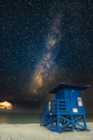 a blue shack on a beach with stars in the sky