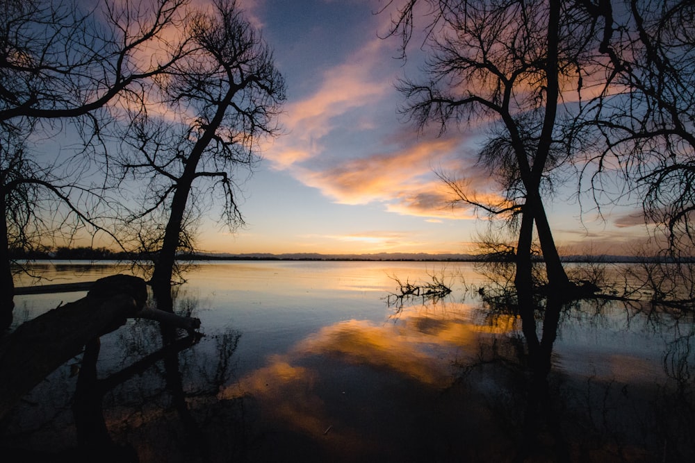 a sunset over a lake