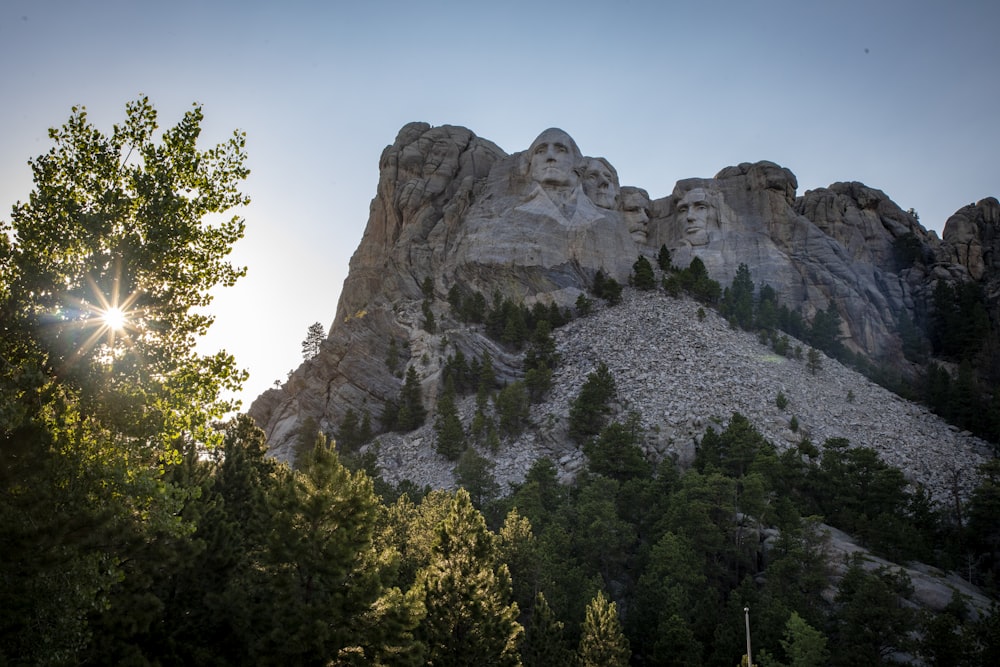 a rocky mountain with trees below