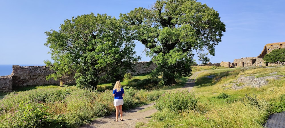a person walking on a path near a tree and grass