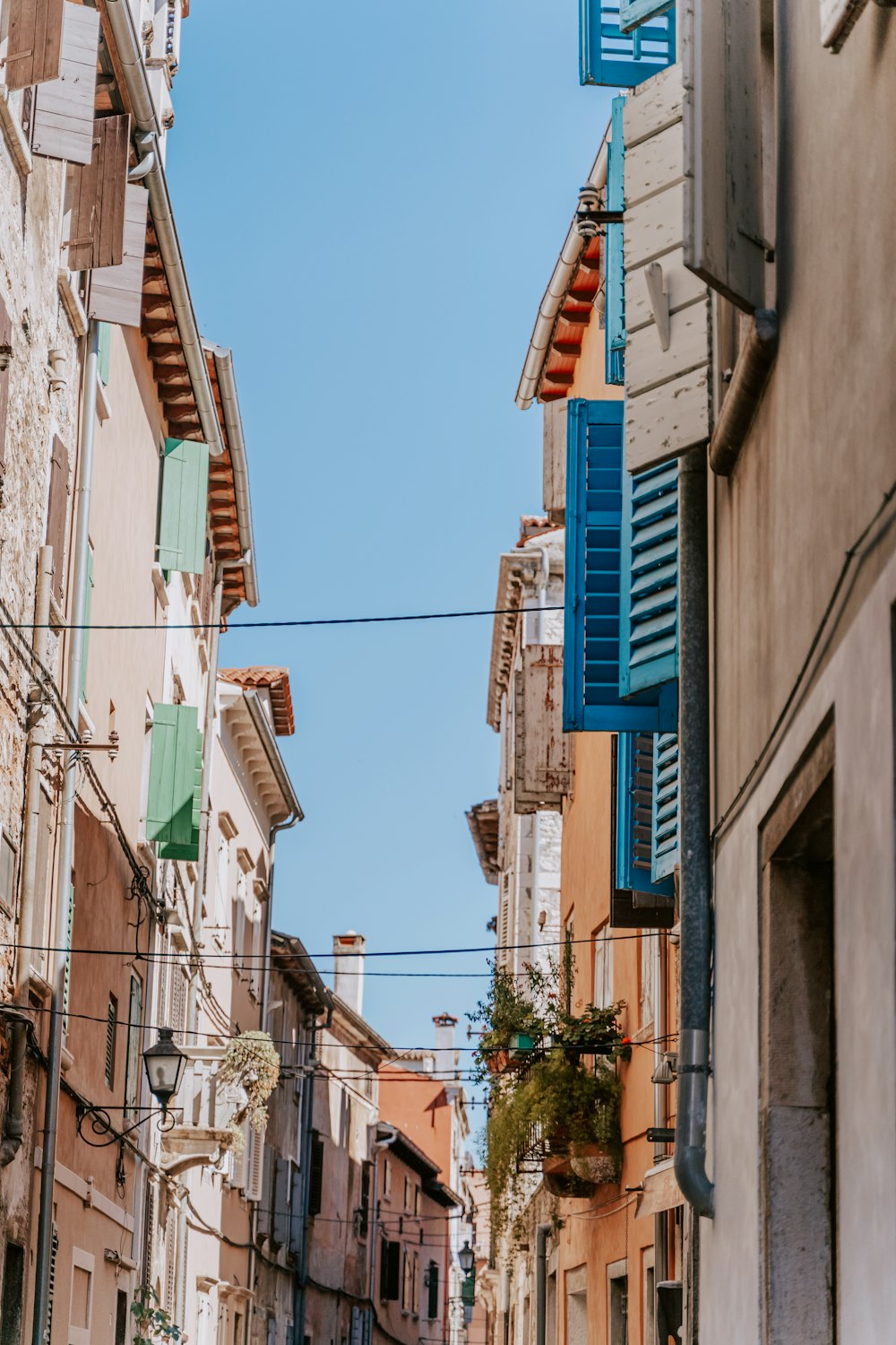 a row of buildings with blue shutters