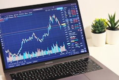 A laptop displays a financial trading platform with a candlestick chart showing stock market data. The chart is colorful, with blue and orange bars representing volume, and fluctuating lines indicating stock prices over time. Surrounding the laptop are two small potted plants on a white surface.