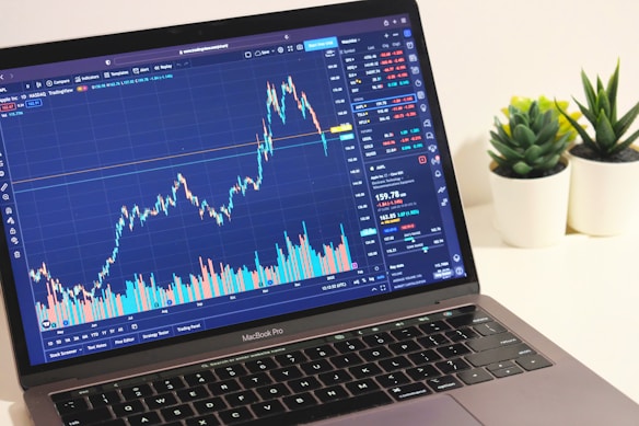 A laptop displays a financial trading platform with a candlestick chart showing stock market data. The chart is colorful, with blue and orange bars representing volume, and fluctuating lines indicating stock prices over time. Surrounding the laptop are two small potted plants on a white surface.