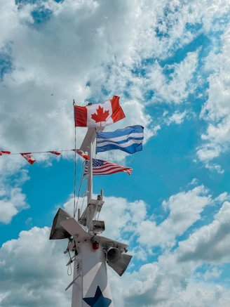 a group of flags on a pole