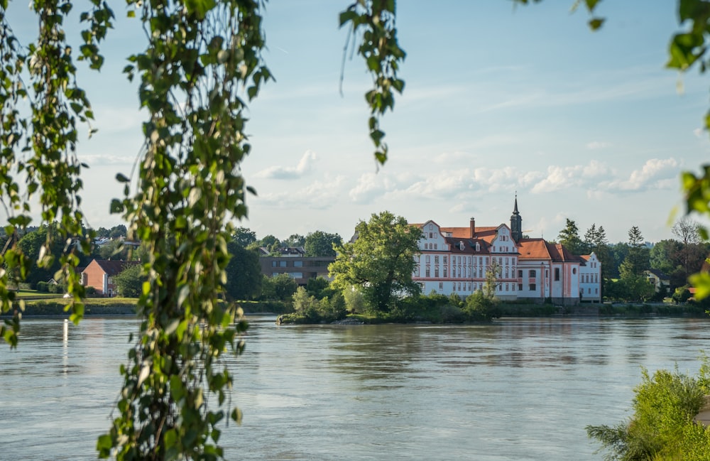 a body of water with trees and buildings along it