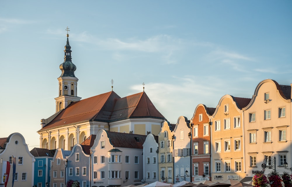 a group of buildings with a tower