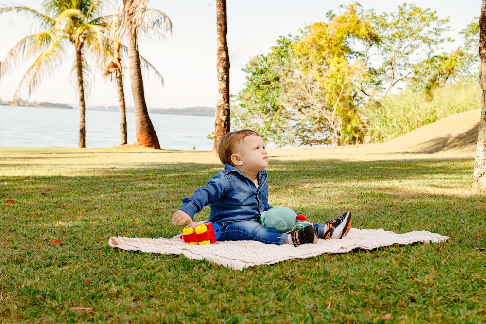 a child sitting on a blanket in a grassy area by a body of water