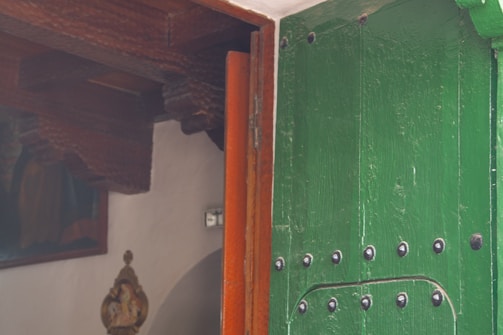 Interior shot showing wooden door frames and matching decor elements.
