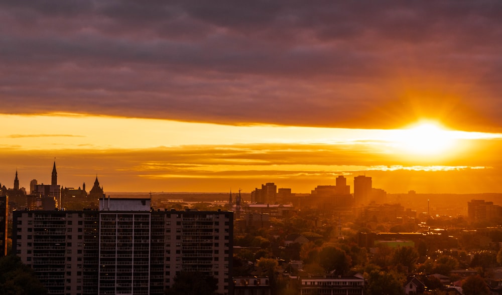 a city with a sunset