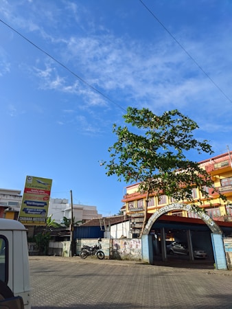 A bright, sunny day with a clear blue sky. A single tree is prominently standing in the foreground. There is a two-story building with colorful accents and signs on the side, as well as a gate with lettering. Several parked vehicles, including a motorcycle and a car, are visible. A large billboard advertising educational programs is also present.