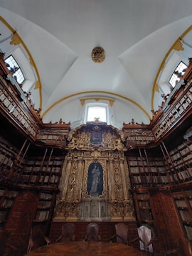 An inviting library filled with religious texts and books.