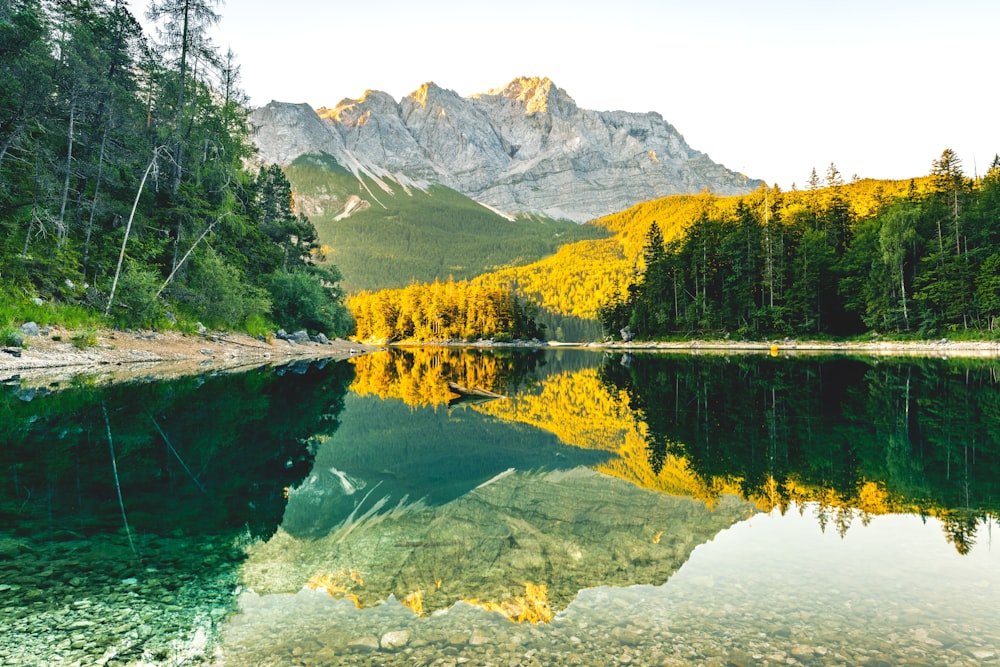 a lake with trees and mountains in the background