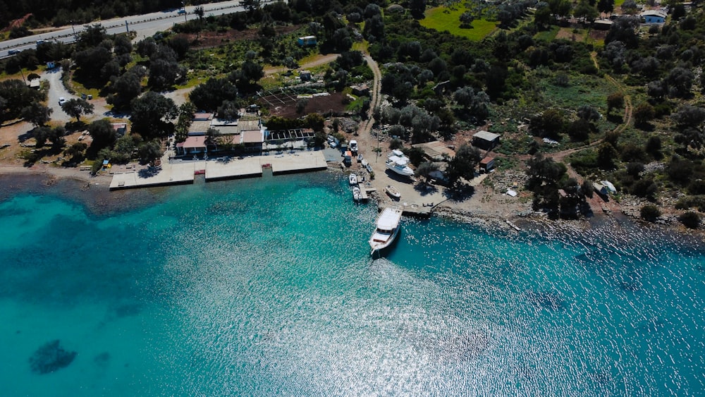 a body of water with boats and houses along it