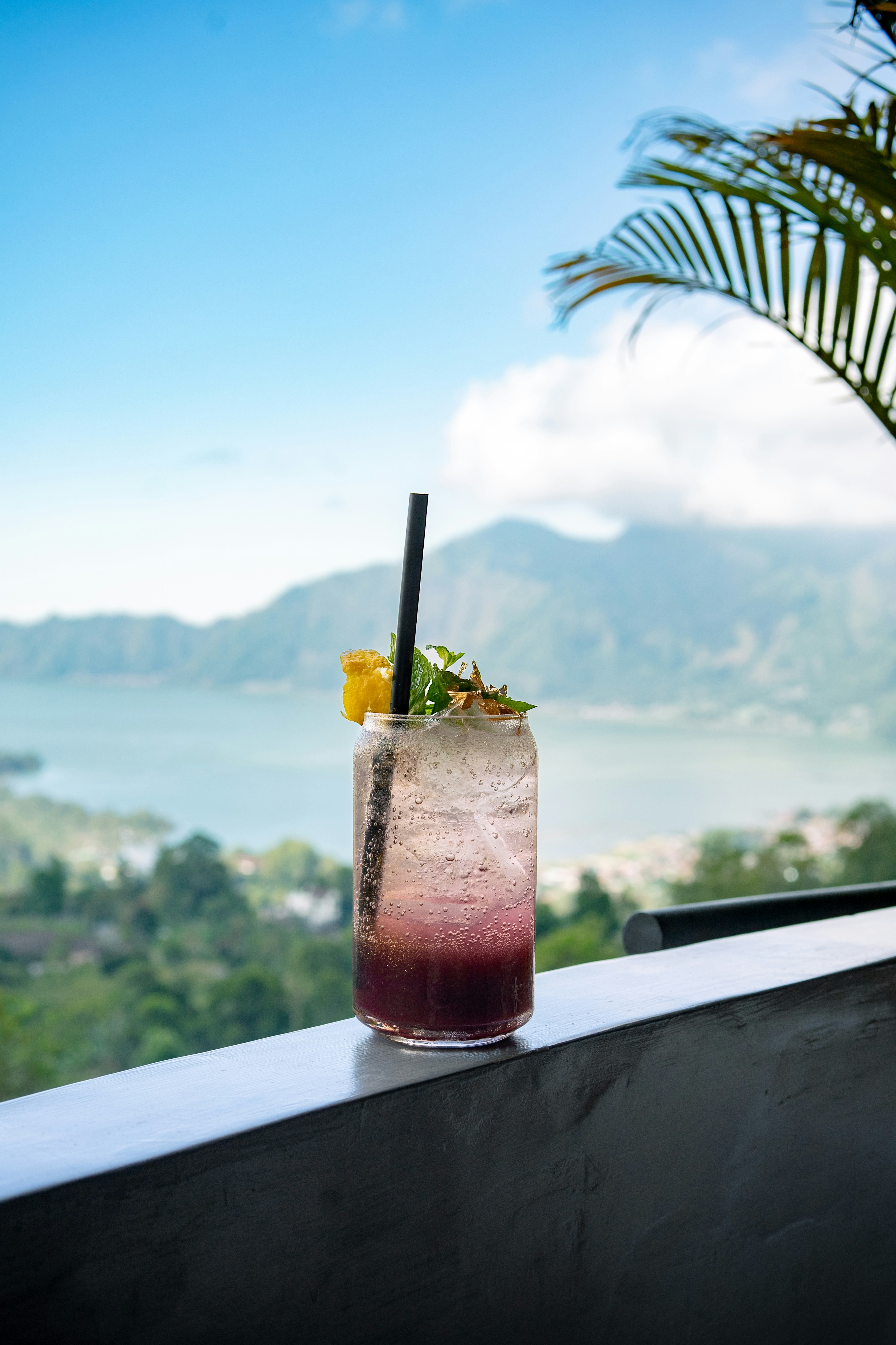 ein Glas Flüssigkeit mit einem Strohhalm und einer Pflanze auf einem Felsvorsprung