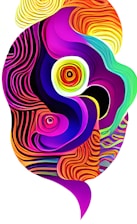 An abstract composition featuring swirling patterns and circular shapes in vibrant hues. The design incorporates a rich blend of colors with dynamic curves and lines, giving it a psychedelic and mesmerizing appearance.