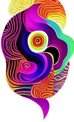 An abstract composition featuring swirling patterns and circular shapes in vibrant hues. The design incorporates a rich blend of colors with dynamic curves and lines, giving it a psychedelic and mesmerizing appearance.