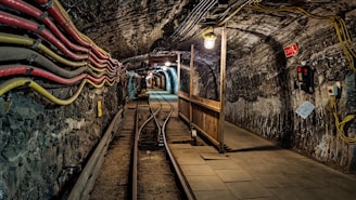 A dimly lit tunnel is reinforced with stone walls and has railway tracks running through its center. Multiple cables are attached along the left wall, and a light fixture hangs from the ceiling. A wooden barrier divides the path, and equipment like an emergency phone and fire extinguisher sign are visible on the right wall.