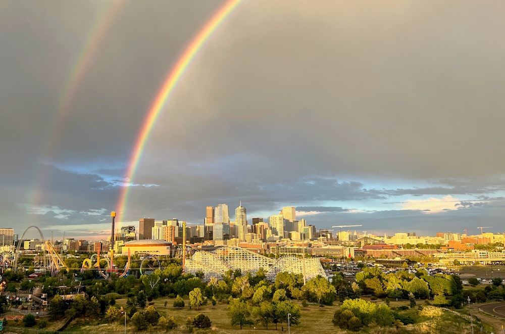 a rainbow over a city