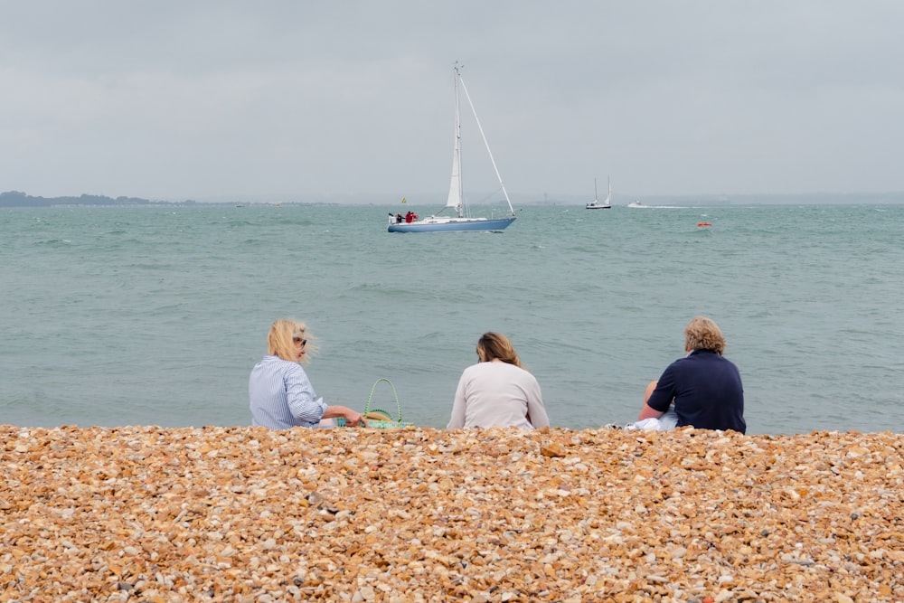 a group of people sitting on a beach looking at a sailboat