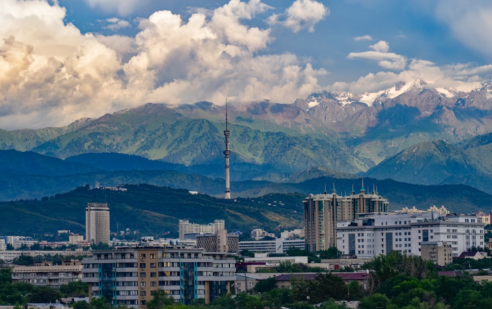 a city with a mountain in the background