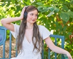 a woman with headphones on