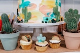A decorative cake with painted designs in pastel colors features small edible cacti on top. Surrounding the cake are cupcakes decorated with mini cacti and taco motifs. The pastries are accompanied by real cacti in simple pots, enhancing the desert theme.