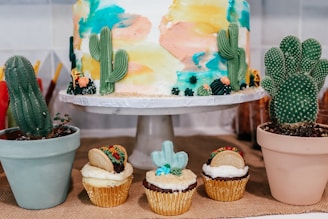 A decorative cake with painted designs in pastel colors features small edible cacti on top. Surrounding the cake are cupcakes decorated with mini cacti and taco motifs. The pastries are accompanied by real cacti in simple pots, enhancing the desert theme.