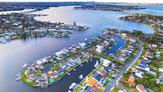 a city next to a body of water
