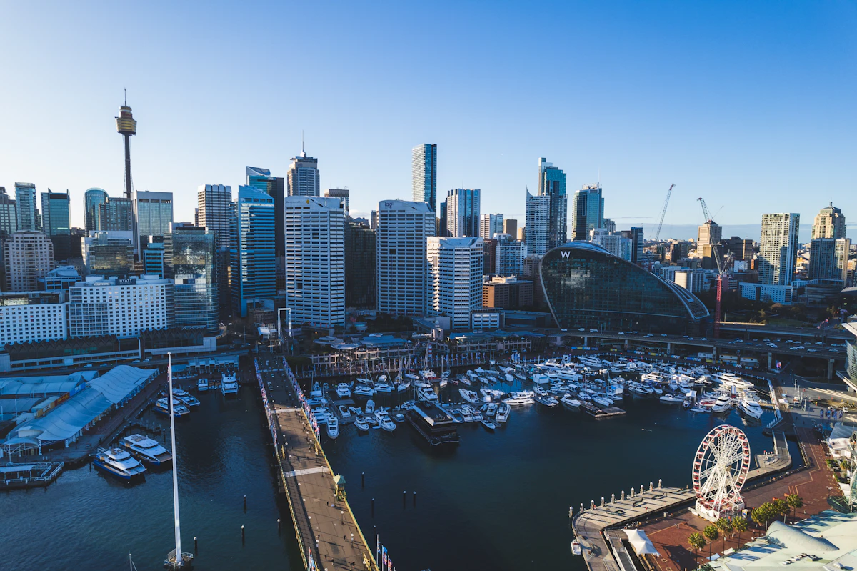 Darling Harbour waterfront and city buildings in Sydney