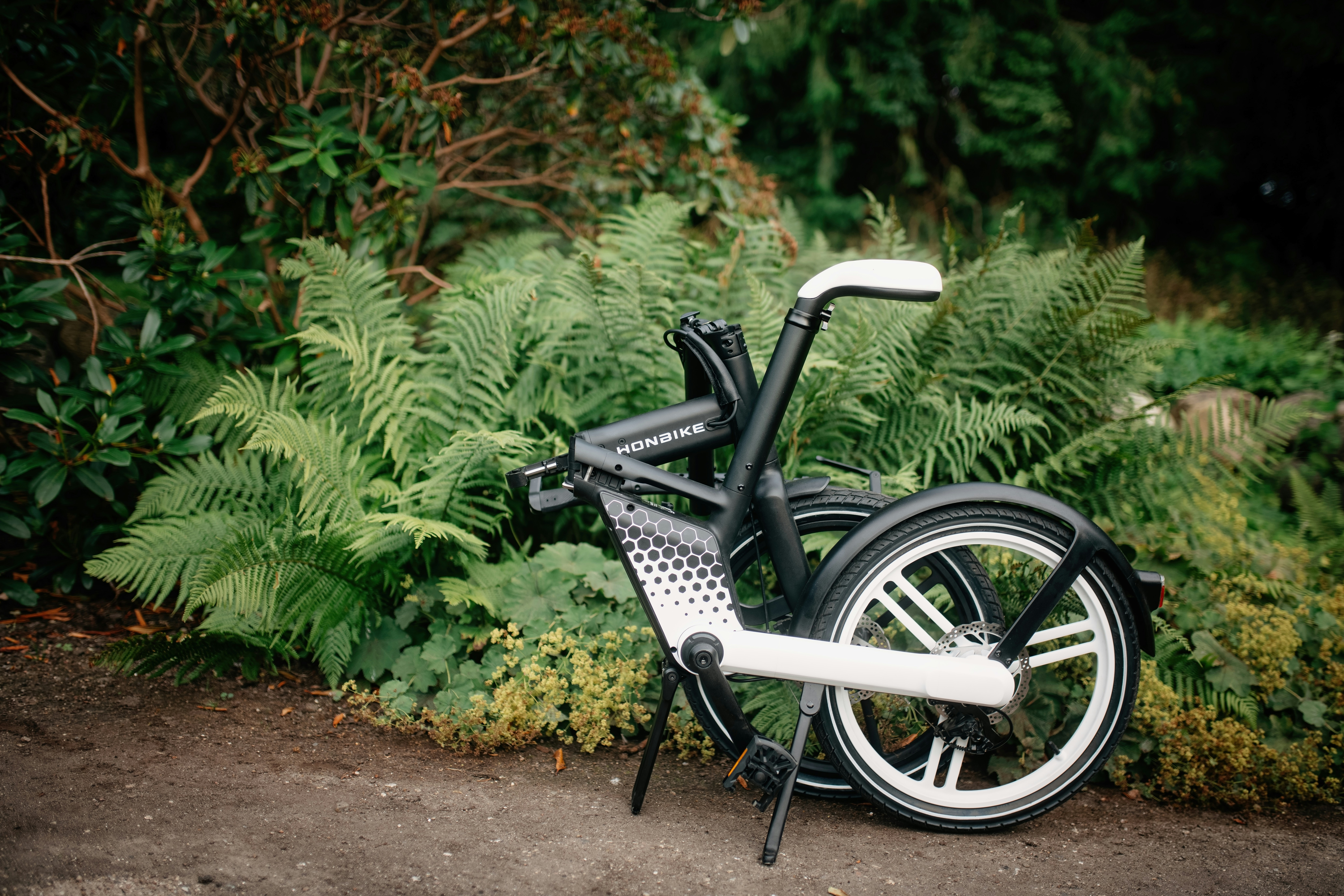 a bicycle parked in front of a bush