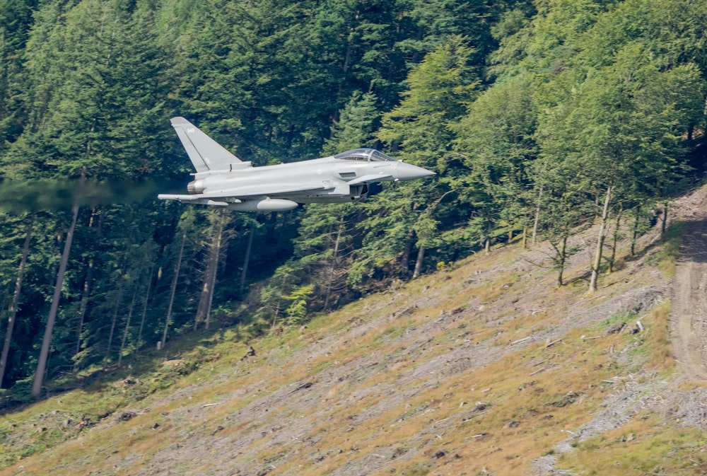 a jet flying over a forest