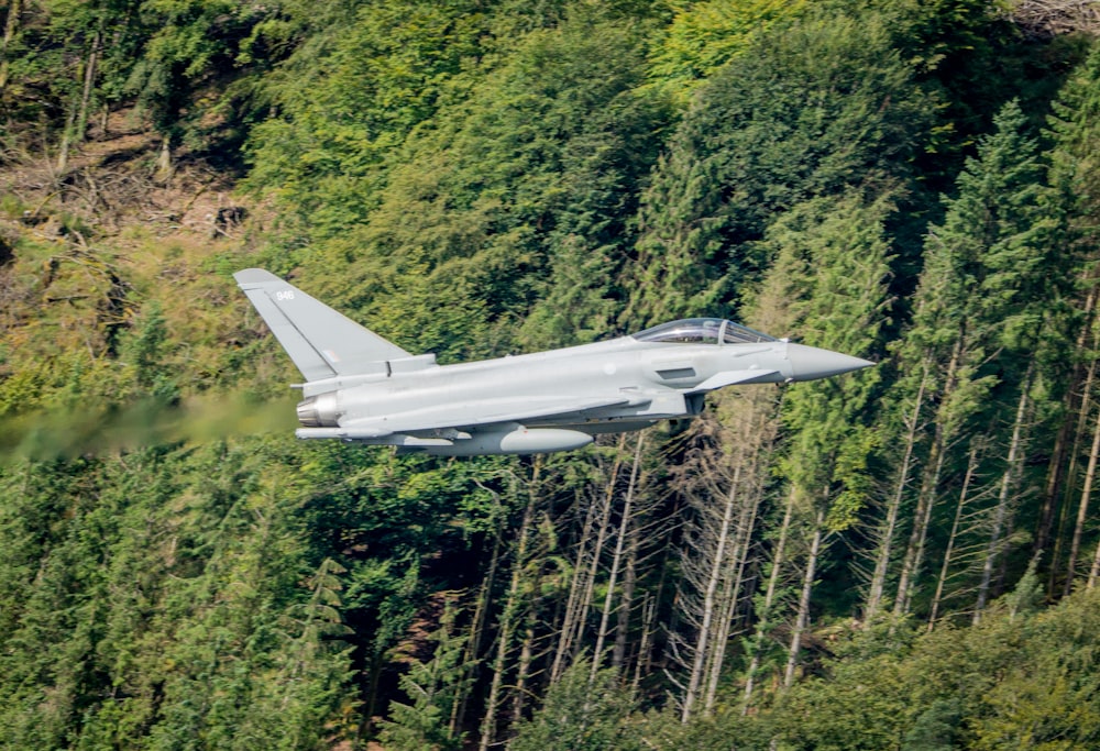 a jet flying over trees