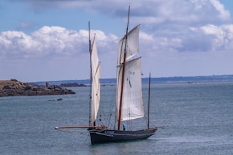 A large sailboat with two tall sails glides smoothly on calm blue waters. The boat is dark in color, possibly black, and displays the number CAN 87 on its sail. In the background, a rocky shoreline is visible under a partially cloudy sky.