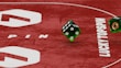 Two green dice with rounded edges are positioned on a red surface that seems to be part of a game board. The surface has white text and numbers on it, including the word 'LUCKYTOPSPIN' in capital letters.