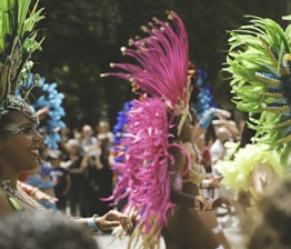 a group of people wearing colorful clothing