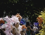 A vibrant outdoor carnival or parade scene featuring people dressed in elaborate, colorful costumes with feathers and headdresses. The participants are engaging in festivities, with a backdrop of trees and a crowd.