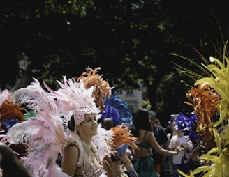 A vibrant outdoor carnival or parade scene featuring people dressed in elaborate, colorful costumes with feathers and headdresses. The participants are engaging in festivities, with a backdrop of trees and a crowd.