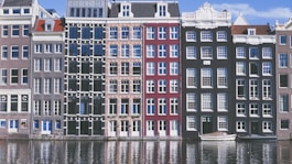 a row of buildings next to a body of water
