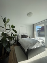 Bright queen room with plush bedding and natural light.