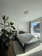A bright master bedroom with soft linens and a large window view.