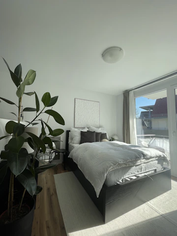 Bright and spacious bedroom with soft linens and a peaceful atmosphere.