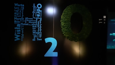 A dark wall features bright blue text consisting of Polish river names arranged vertically. The number '2' is prominently displayed in blue below the text. On the right side, a large letter 'O' is made from green foliage. Signage in the background indicates restrooms and an entrance.
