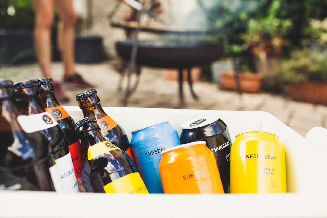 a group of bottles and cans, BBQ party with original bavarian craftbeer