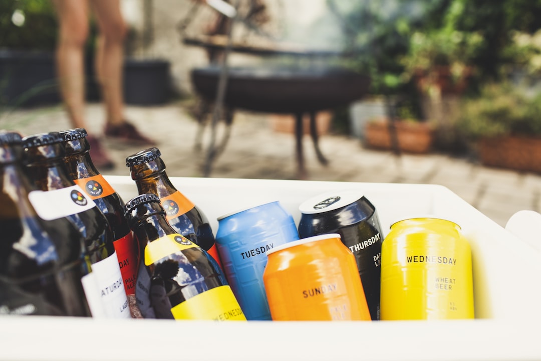 a group of bottles and cans, BBQ party with original bavarian craftbeer