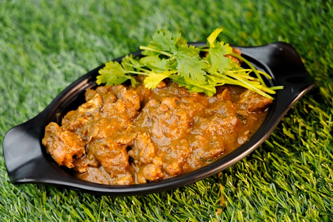 A black bowl filled with a brown, hearty stew or curry placed on a grassy surface. The dish appears rich and saucy with visible chunks, likely meat, and is garnished with fresh cilantro leaves on top.