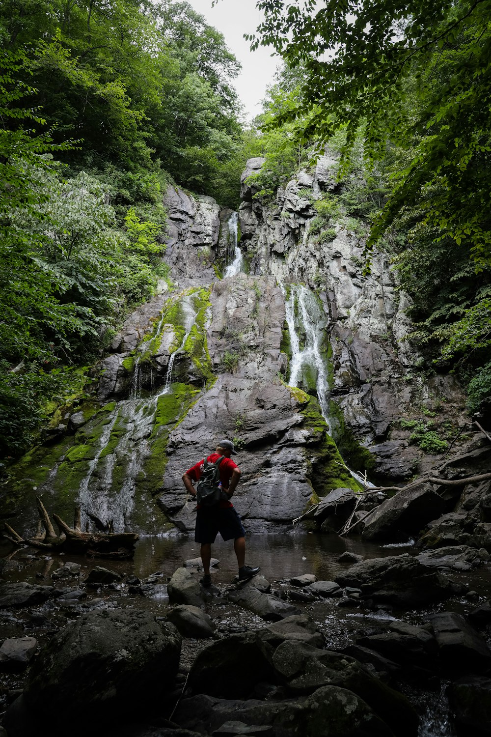 um homem de pé em uma saliência rochosa com uma cachoeira e árvores