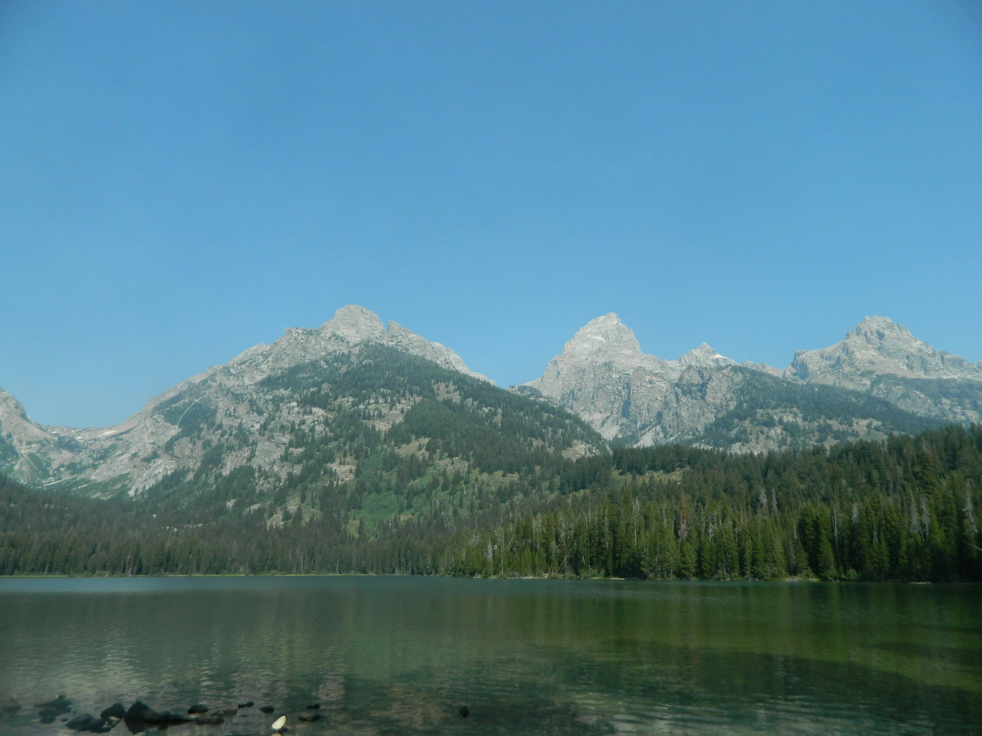 a lake with trees and mountains in the background