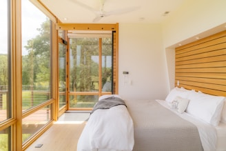 a bedroom with a bed and a large window
