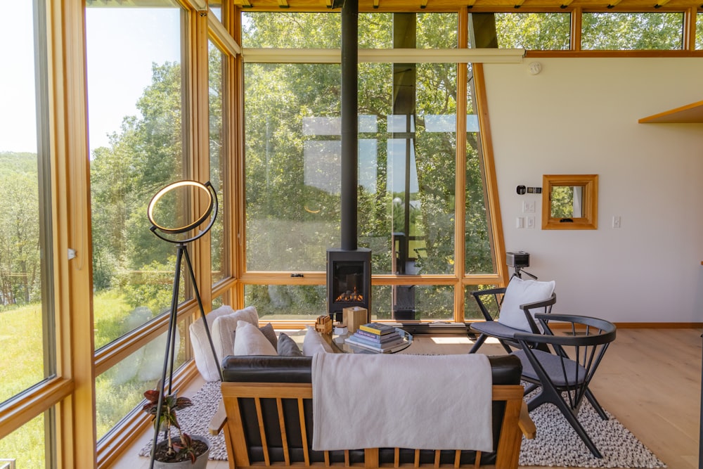 a dining room table in front of a window